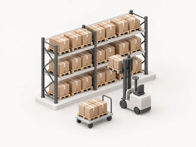 Scaffalature piene di pallet uguali, con un muletto