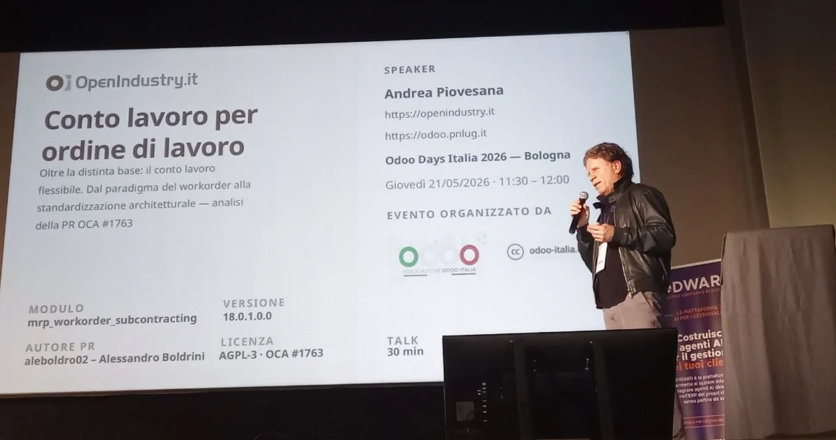 Andrea Piovesana on stage at Odoo Days Italia 2026, in Bologna