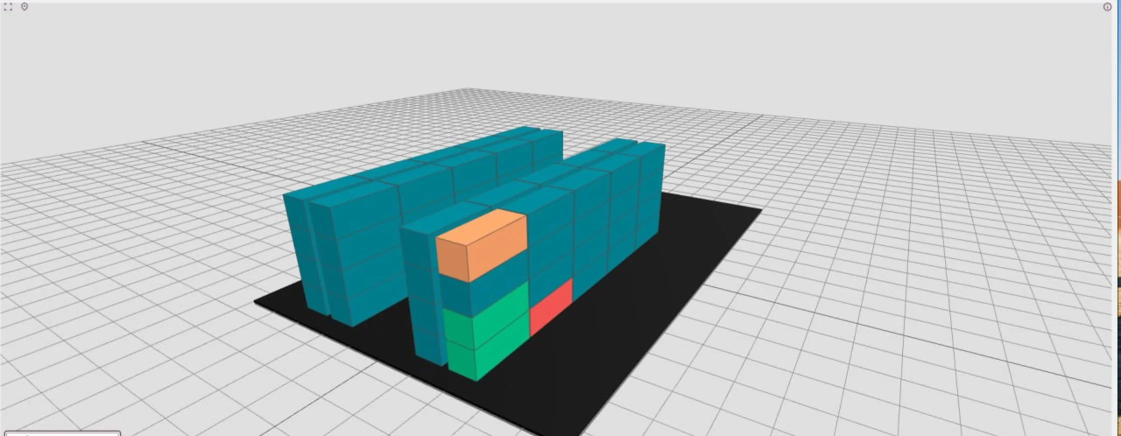 Scaffalature di magazzino in 3D viste di lato, con le celle in verde acqua, arancione, verde e rosso