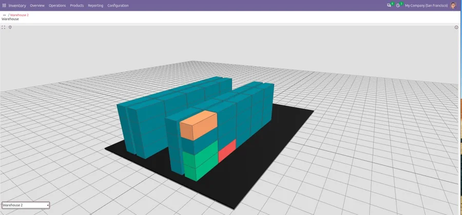 Scaffalature in 3D, con le celle di colore diverso a seconda del carico