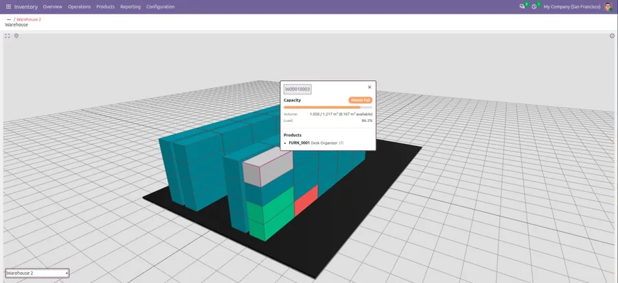 La scheda di un'ubicazione aperta sopra la vista 3D, con la barra della capienza