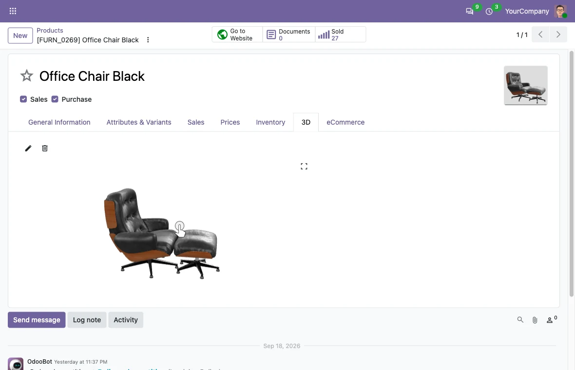 An Odoo product form with a 3D tab open, showing a chair model