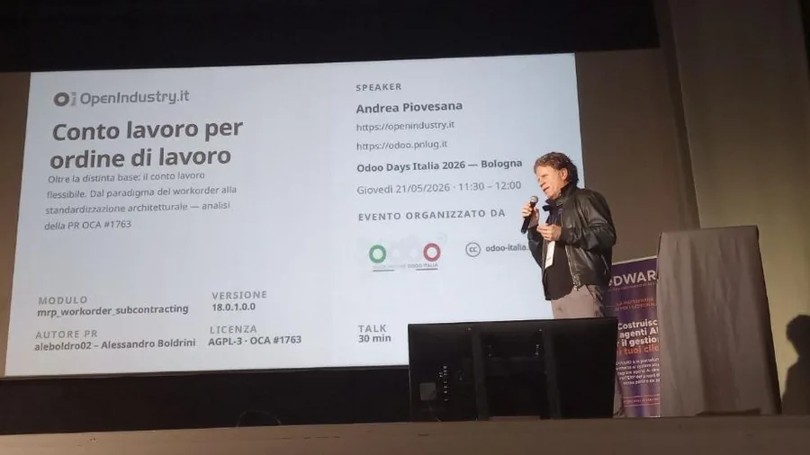 Andrea on stage at Odoo Days Italia in Bologna